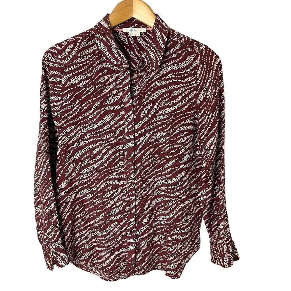 Boden Silk Zebra Stripe Blouse Burgundy Size 6 Button Front Relaxed Fit W0323